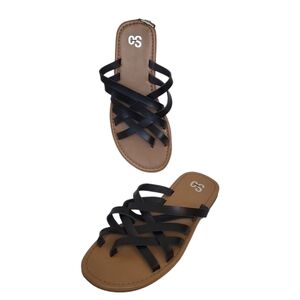 SO Women's Black Faux-Leather Pineberry Woven Strappy Round-Toe Slide Sandal
